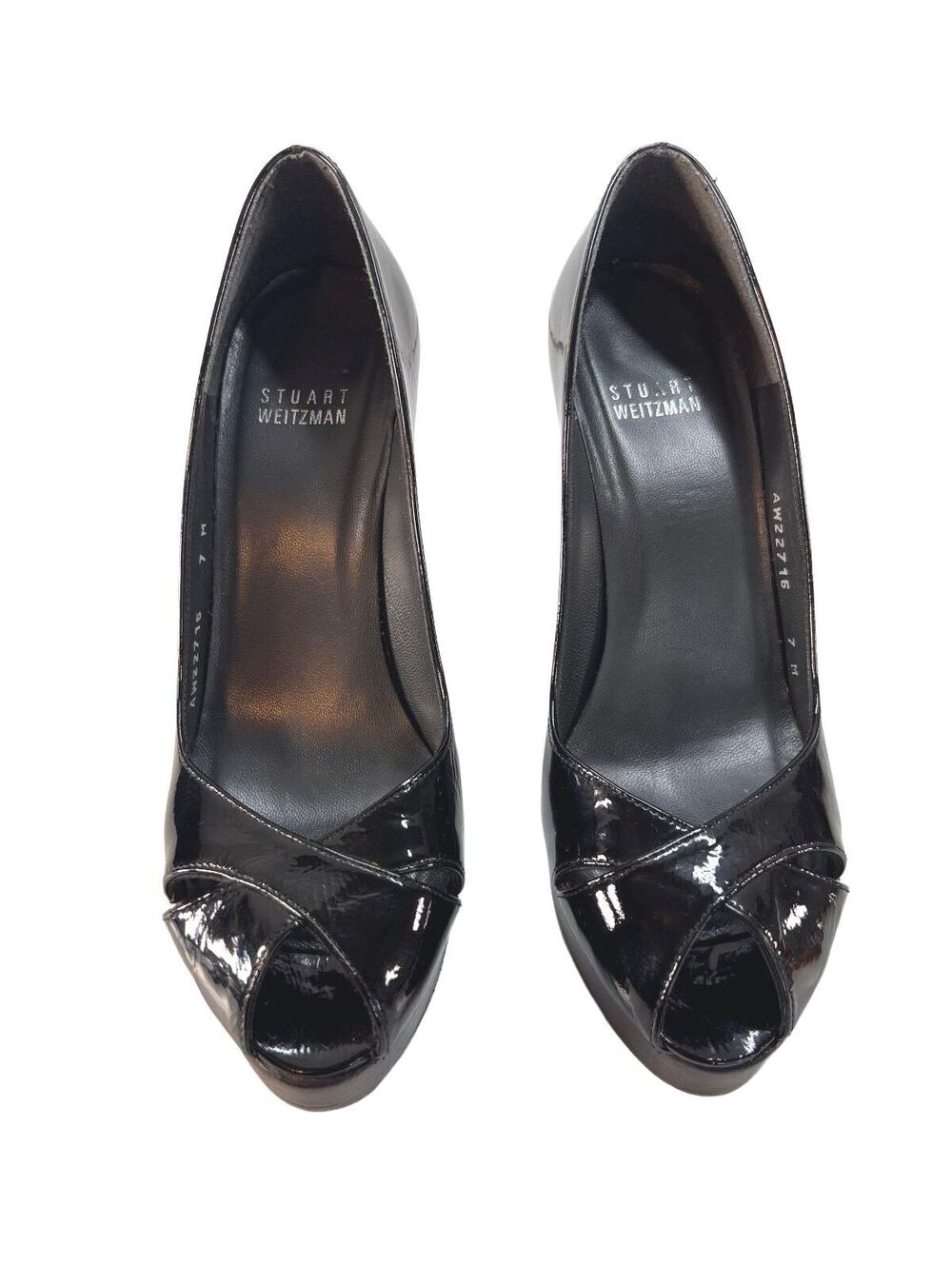 Stuart Weitzman Black Patent Peep Toe Platform Pumps Y2K Glam Heels 7M - Picture 2 of 8